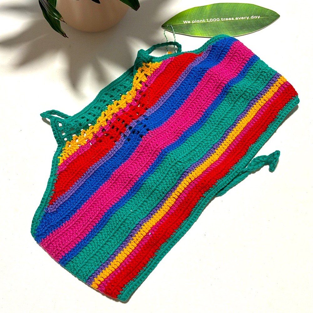 Farm Rio Brunas Stripes Crochet Halter Bikini Top